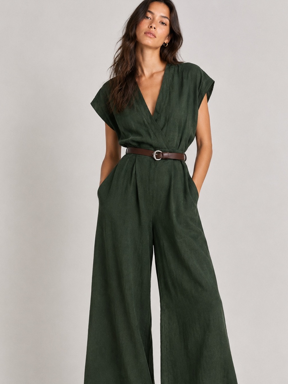 Zara Olive Green Wide-Leg V-Neck Jumpsuit